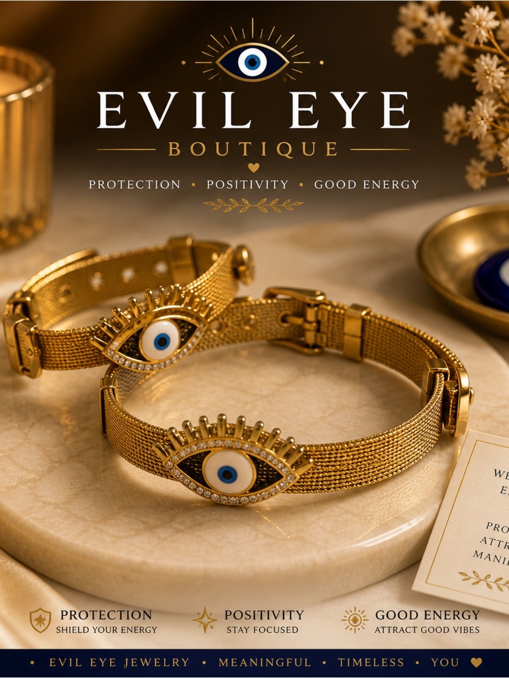 Gold Mesh Bracelet with Blue & White Eye